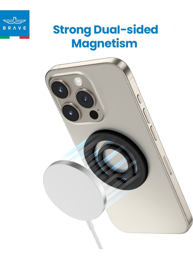 Brave - Dual-Sided Magnetic Ring Holder - Durable MagSafe Silicone Phone Grip, Compatible with Wireless Charging - Magnetic Phone Ring for iPhone 16/15/14/13/12 (Pro/Max/Plus), Samsung Galaxy S25/S24/S23/S22 and Other Series, and Other Phones with Metal Plate Attachment - Secure Grip and Hands-Free Stand (Black) - Image 1