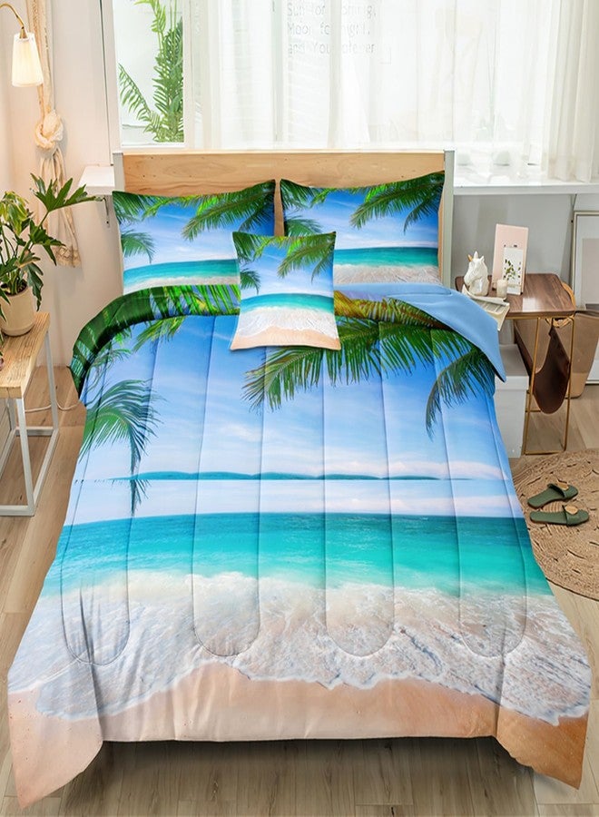 BDUCOK Ocean Comforter Queen Size 6 Pieces Beach Bed in a Bag Set Tropical Palm Tree Hawaii Ocean Blue Comforter Set Sunny Beach Coastal Nature Theme All Season Comforter Set 3003-Queen 6Pcs - Image 2