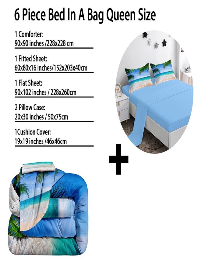 BDUCOK Ocean Comforter Queen Size 6 Pieces Beach Bed in a Bag Set Tropical Palm Tree Hawaii Ocean Blue Comforter Set Sunny Beach Coastal Nature Theme All Season Comforter Set 3003-Queen 6Pcs - Image 3