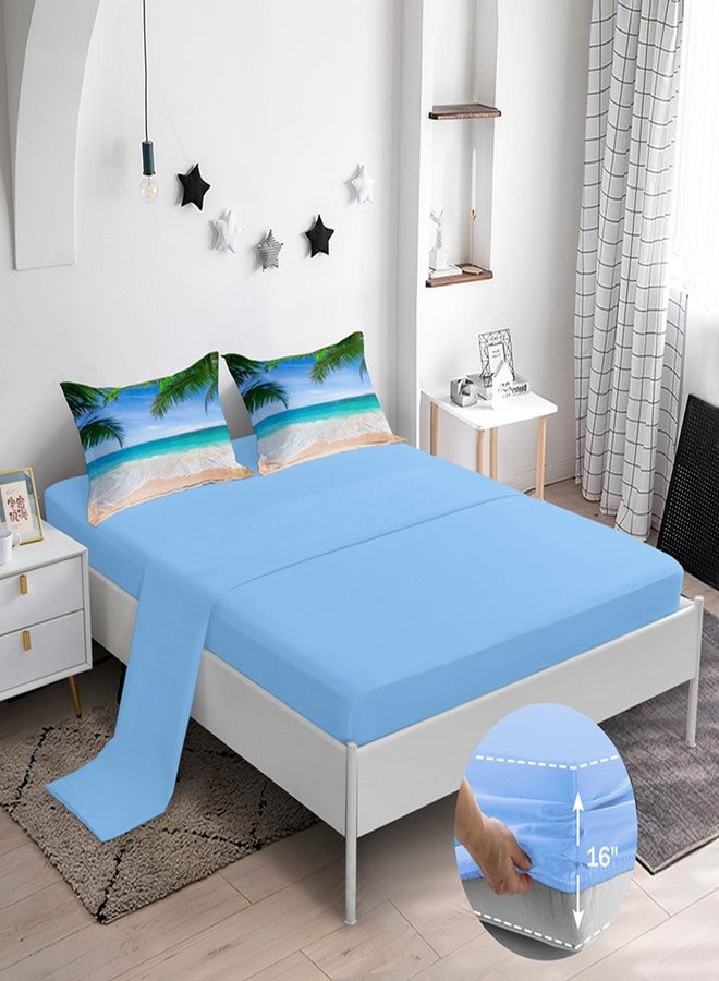 BDUCOK Ocean Comforter Queen Size 6 Pieces Beach Bed in a Bag Set Tropical Palm Tree Hawaii Ocean Blue Comforter Set Sunny Beach Coastal Nature Theme All Season Comforter Set 3003-Queen 6Pcs - Image 5