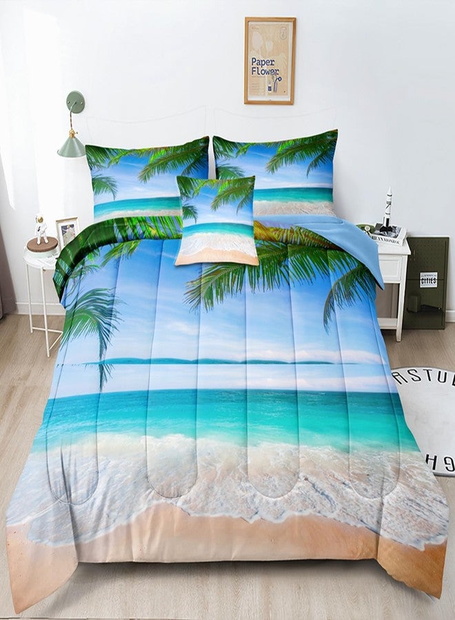 BDUCOK Ocean Comforter Queen Size 6 Pieces Beach Bed in a Bag Set Tropical Palm Tree Hawaii Ocean Blue Comforter Set Sunny Beach Coastal Nature Theme All Season Comforter Set 3003-Queen 6Pcs - Image 1