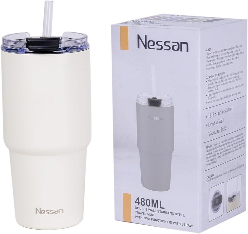 Nessan Double Wall Stainless Steel Vacuum Insulated Travel Mug Tumbler with Dual Function Lid and Straw for Water, Iced Tea or Hot Coffee, Smoothie and More (Cream, 480ml) - Image 3