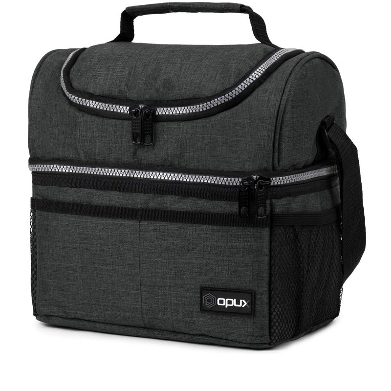 OPUX Lunch Box For Men Women Insulated Large Double Decker Lunch Bag Charcoal Gray 10x75x10 Inches