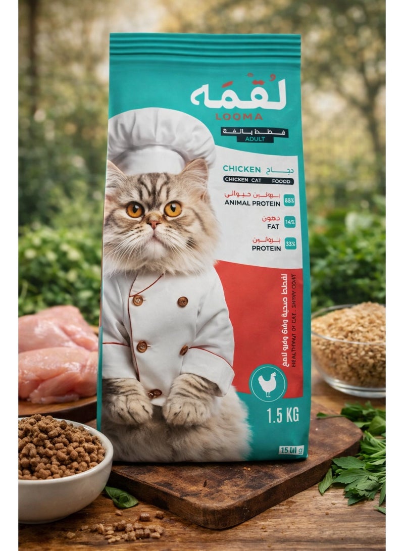 طعام قطط بالغين بنكهة الدجاج 1.5 كجم – تغذية متكاملة ومتوازنة – نسبة عالية من البروتين الحيواني – صنع في السعودية