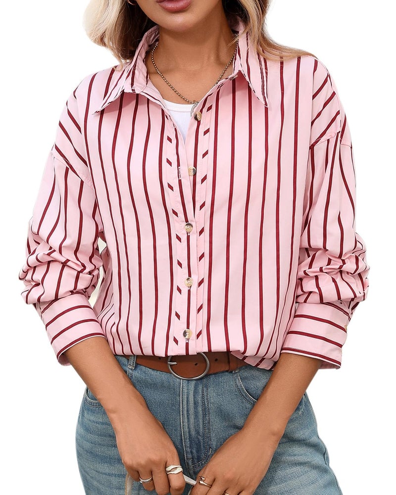 CHYRII Women's Casual Fall Business Tops Button Down Long Sleeve Shirts Vacation Outfits (7185-Red) S - Image 1