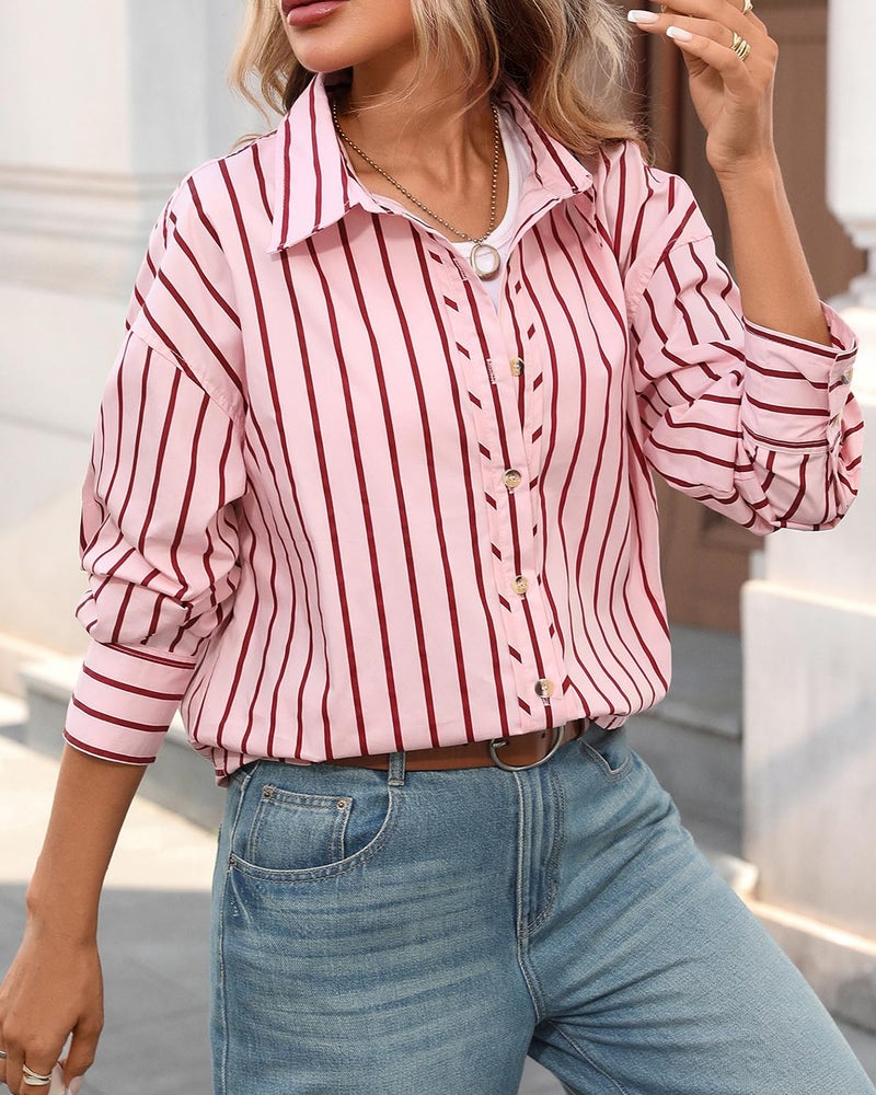 CHYRII Women's Casual Fall Business Tops Button Down Long Sleeve Shirts Vacation Outfits (7185-Red) S - Image 3