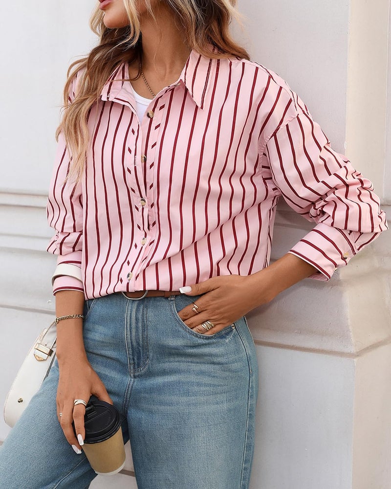 CHYRII Women's Casual Fall Business Tops Button Down Long Sleeve Shirts Vacation Outfits (7185-Red) S - Image 2