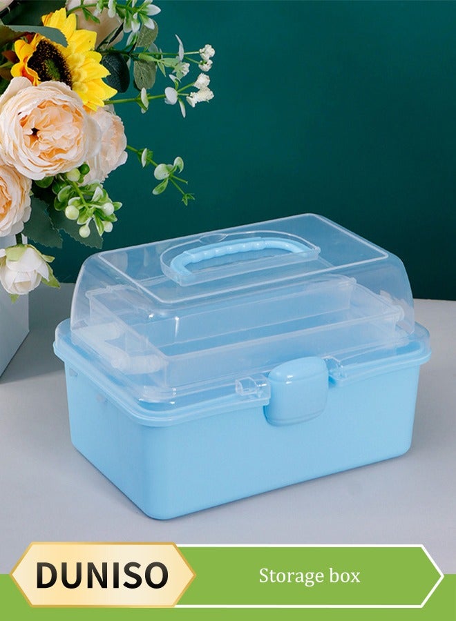 DUNISO 3-Layer Clear Art Storage Box Craft Organizer, Versatile 3-Layer Folding Organizer Box Multipurpose Stationery Storage Box With Hidden Handle,Large Capacity Storage Box for Accessories, toys, cosmetics, pharmaceuticals, stationery（blue） - Image 1