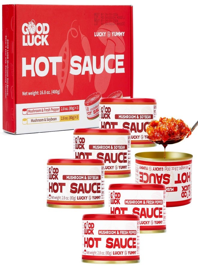 GOOD LUCK Mushroom Hot Sauce, Spicy Chili Oil and Chili Paste with High-Grade Instant Mushroom Sauce, Chopped Chili Sauce,Fresh Pepper,Soybean,Garlic,6 Cans - Image 1