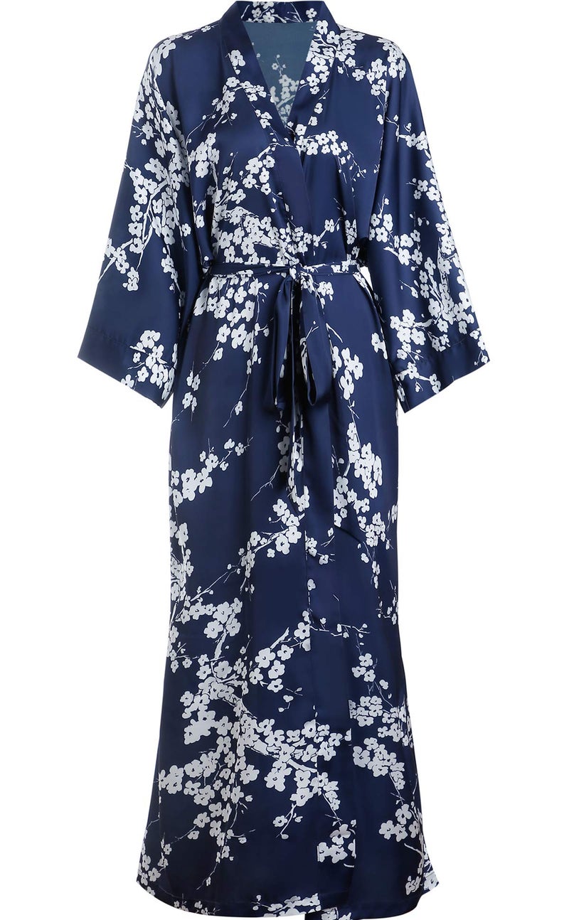 Aensso long soft silk y kimono women robes blue white floral dressing gown bridal robe
