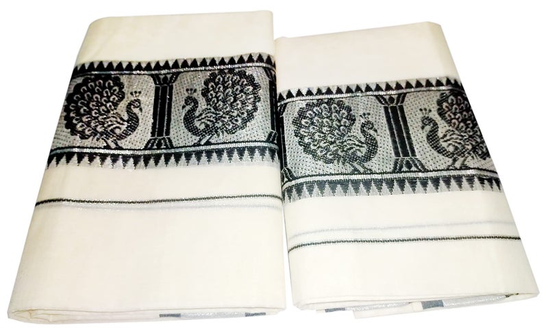 YETTALAN® Women's Kerala Traditional Cotton Set Mundu with Self Jacquard Work 2.80&2.00 Mtr (Black Peacock-Silver Jari) - Image 5