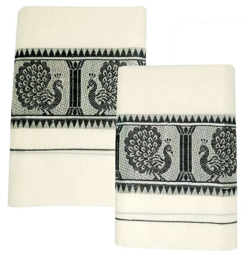 YETTALAN® Women's Kerala Traditional Cotton Set Mundu with Self Jacquard Work 2.80&2.00 Mtr (Black Peacock-Silver Jari) - Image 2