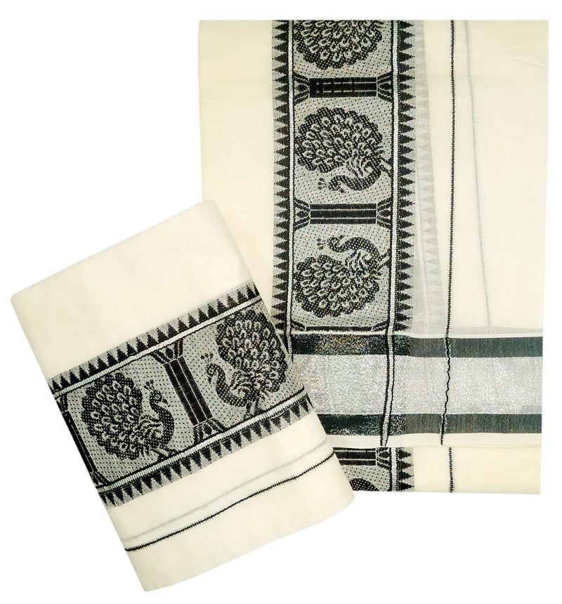 YETTALAN® Women's Kerala Traditional Cotton Set Mundu with Self Jacquard Work 2.80&2.00 Mtr (Black Peacock-Silver Jari) - Image 1