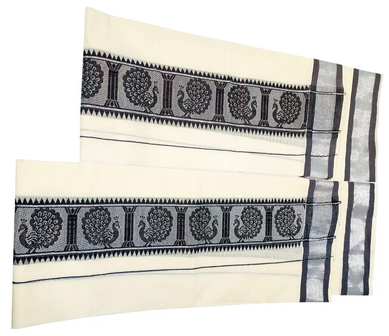 YETTALAN® Women's Kerala Traditional Cotton Set Mundu with Self Jacquard Work 2.80&2.00 Mtr (Black Peacock-Silver Jari) - Image 4