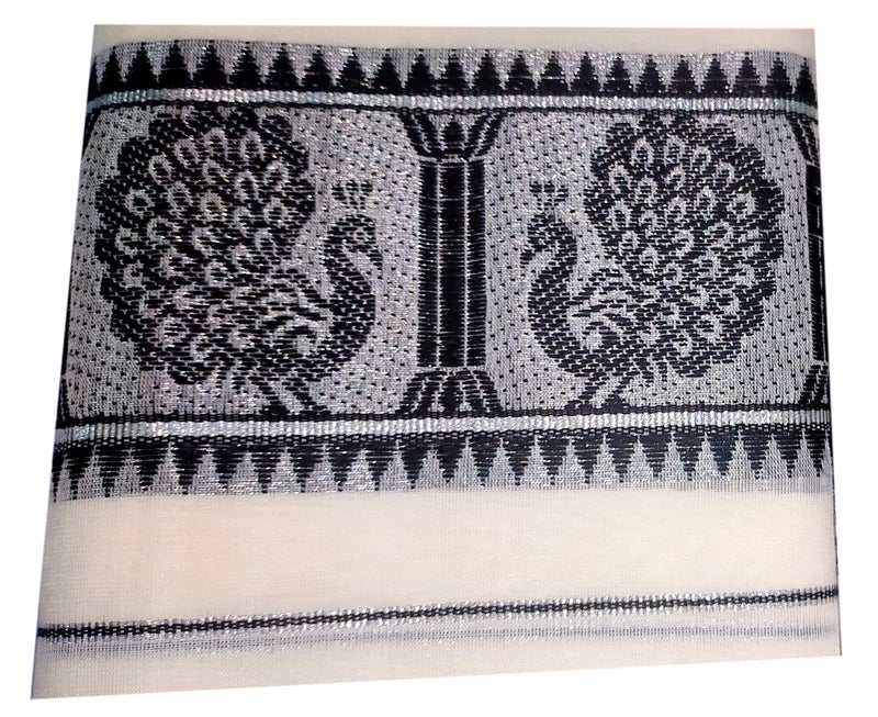 YETTALAN® Women's Kerala Traditional Cotton Set Mundu with Self Jacquard Work 2.80&2.00 Mtr (Black Peacock-Silver Jari) - Image 3