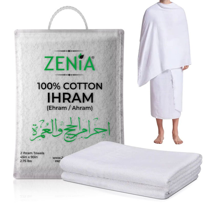 Zenia Natural Hygienic 100% Cotton Ihram (Ahram/Ehram) Towel for Hajj and Umrah - Lightweight and Durable 45 in x 90 in (Ihram) - Image 1