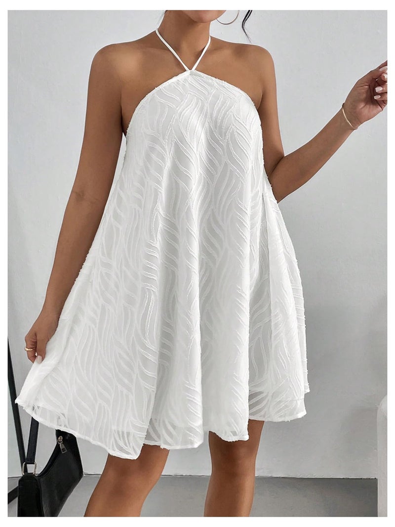 MakeMeChic Women's Halter Dress Summer Mini Dresses Beach Backless Flowy Short White Dress White Medium - Image 3