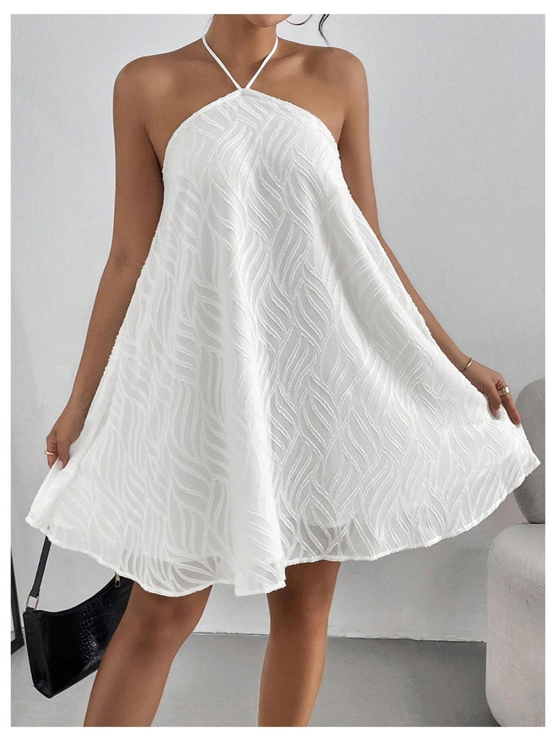 MakeMeChic Women's Halter Dress Summer Mini Dresses Beach Backless Flowy Short White Dress White Medium - Image 4
