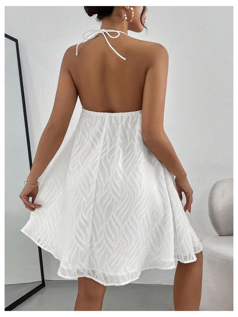 MakeMeChic Women's Halter Dress Summer Mini Dresses Beach Backless Flowy Short White Dress White Medium - Image 2