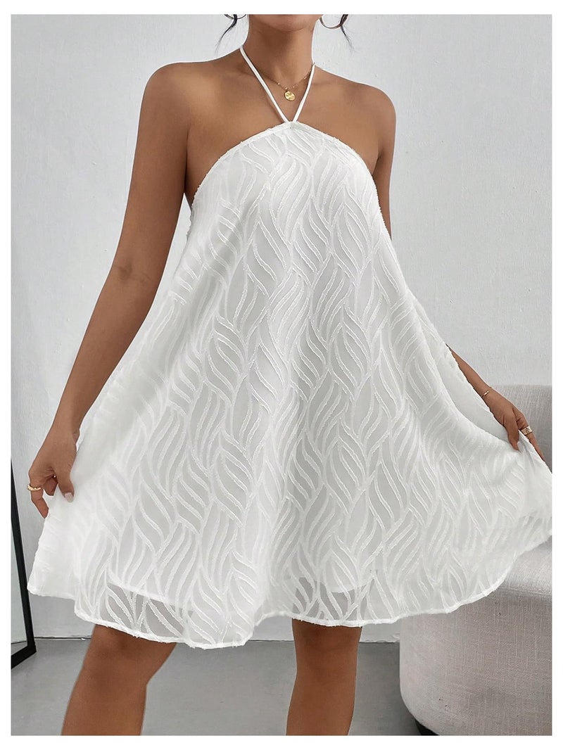 MakeMeChic Women's Halter Dress Summer Mini Dresses Beach Backless Flowy Short White Dress White Medium - Image 5