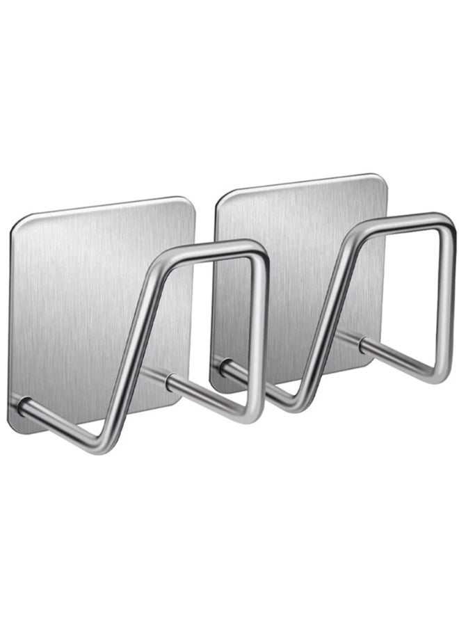 2 Pcs Self Adhesive Hooks with Sponge Cleaning Brush Drain Drying Rack, Wall Mounted Kitchen & Bathroom Storage Organizer Holder, Silver - Image 1
