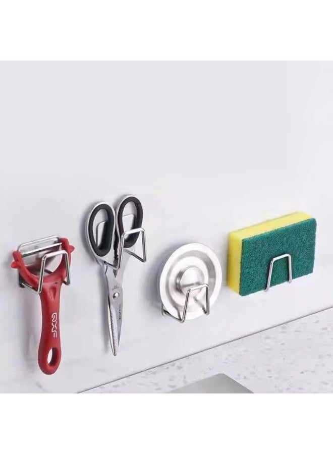 2 Pcs Self Adhesive Hooks with Sponge Cleaning Brush Drain Drying Rack, Wall Mounted Kitchen & Bathroom Storage Organizer Holder, Silver - Image 3
