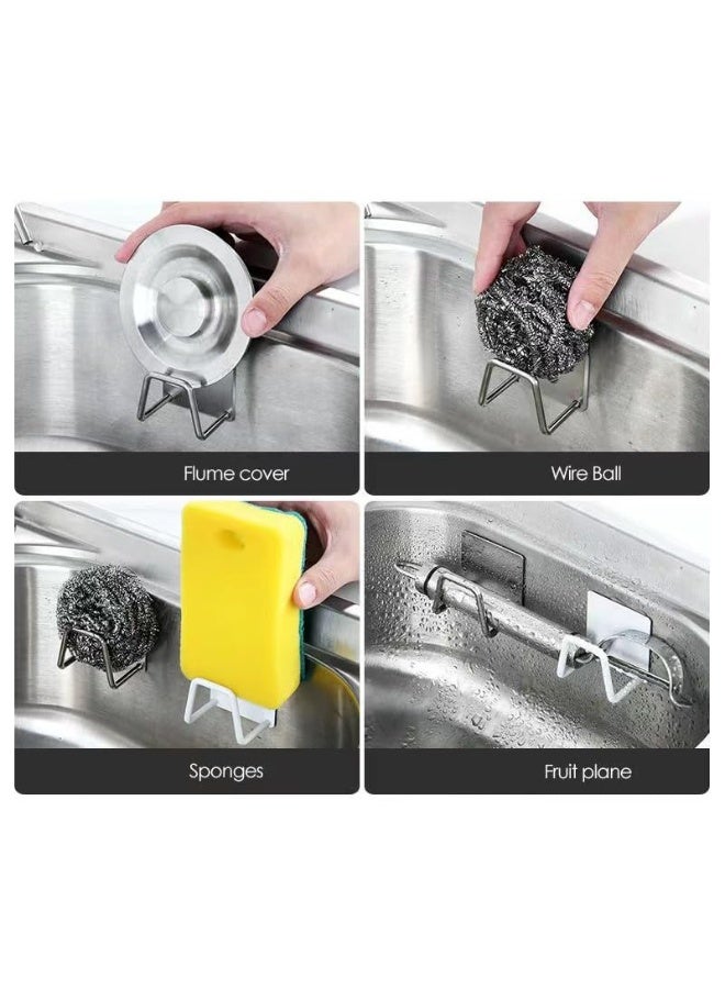 2 Pcs Self Adhesive Hooks with Sponge Cleaning Brush Drain Drying Rack, Wall Mounted Kitchen & Bathroom Storage Organizer Holder, Silver - Image 4