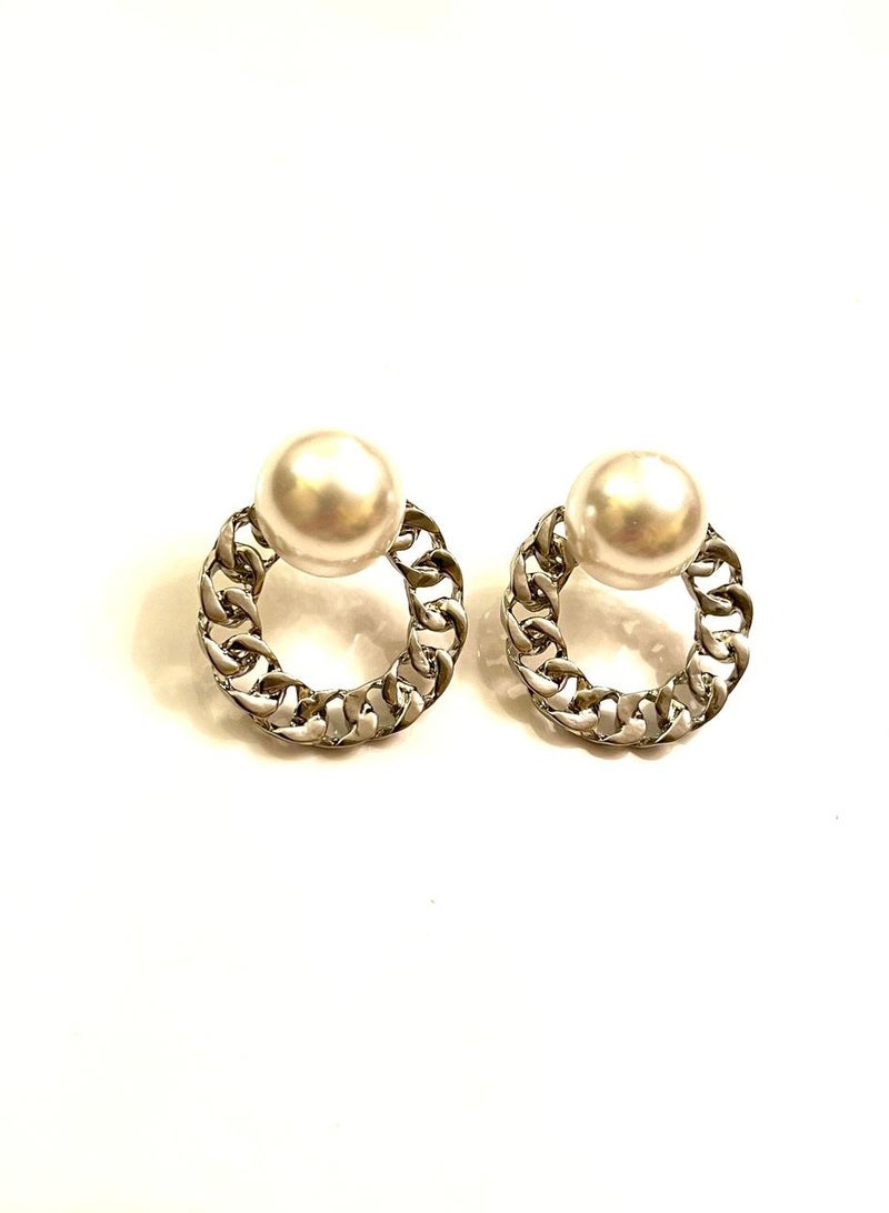 Trio Earrings Silver Link Chain with Pearl Earrings - Image 1