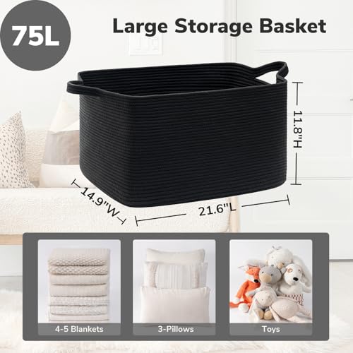Goodpick Large Blanket Basket Living Room, 21.6" x 14.9" x 11.8" Woven Storage Basket for Blankets, Toys, Rectangle Rope Dirty Clothes Baskets for Nursery, Bedroom, Black - Image 3
