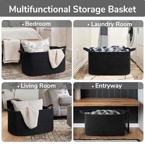 Goodpick Large Blanket Basket Living Room, 21.6" x 14.9" x 11.8" Woven Storage Basket for Blankets, Toys, Rectangle Rope Dirty Clothes Baskets for Nursery, Bedroom, Black - Image 4