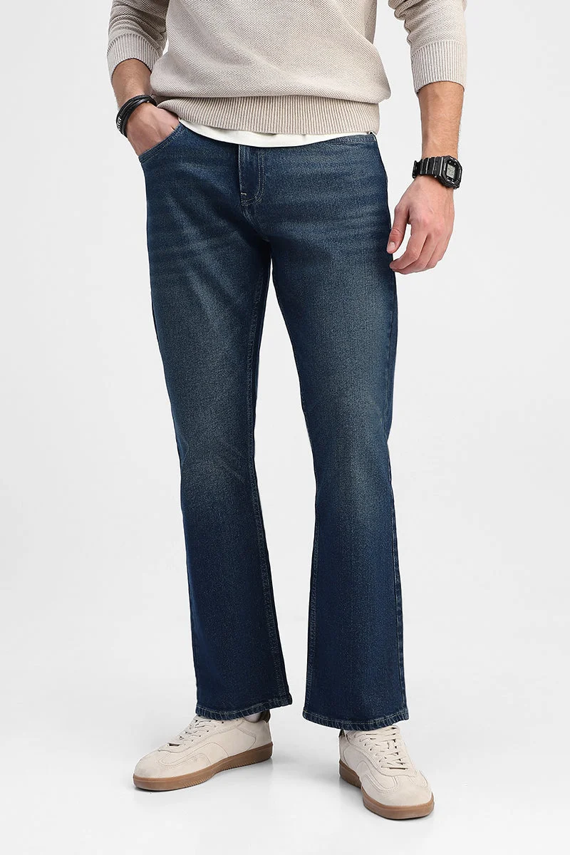 SNITCH Dark Blue Solid Flared Fit Casual Jeans