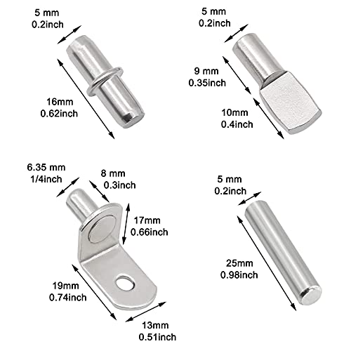 Cerpourt 104Pcs Shelf Pins Kit,4 Styles Nickel Plated Shelf Support Pegs,Bookshelf Pegs for Shelves,Cabinet Shelf Bracket Pegs Shelf Pins Holders for Kitchen Furniture & Closet ( 5mm & 1/4inch ) - Image 2
