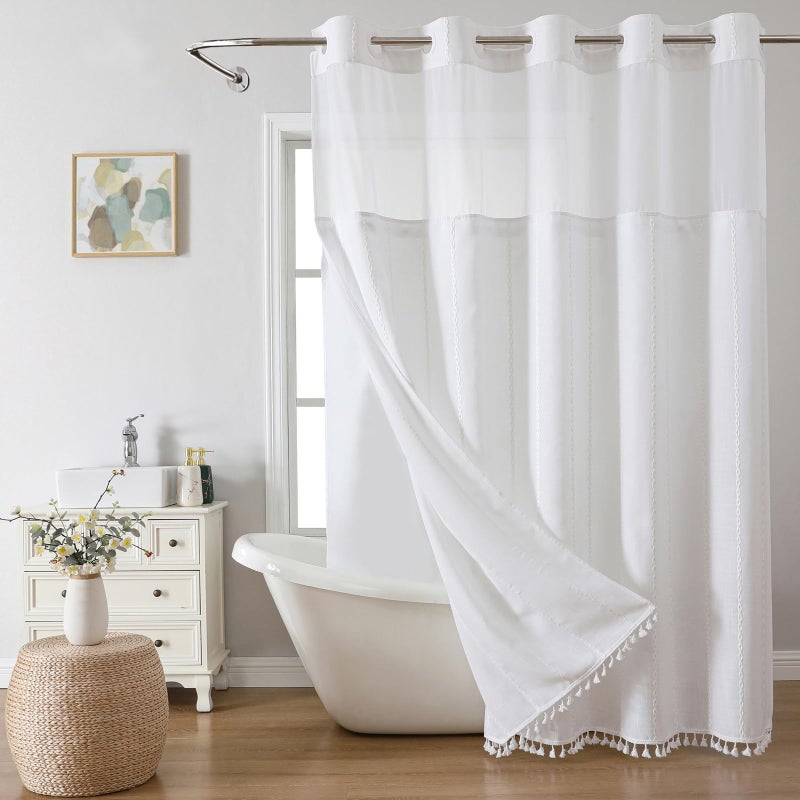 eachope eachope No Hook White Farmhouse Shower Curtain with Snap-in Liner Boho Linen Striped Heavy Duty Fabric Shower Curtain Set with Tassel Bohemian Country Ultra Thick Shower Curtain for Bathroom 71x74 - Image 1