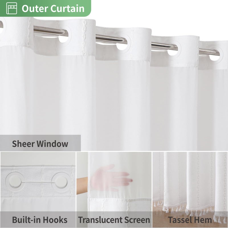 eachope eachope No Hook White Farmhouse Shower Curtain with Snap-in Liner Boho Linen Striped Heavy Duty Fabric Shower Curtain Set with Tassel Bohemian Country Ultra Thick Shower Curtain for Bathroom 71x74 - Image 4