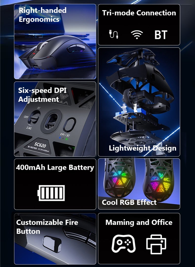 أولا فأرة AULA Sc620 اللاسلكية للرياضات الإلكترونية بتقنية البلوتوث، فأرة RGB ثلاثية الوضع، فأرة مريحة وخفيفة الوزن، ملحقات ألعاب الكمبيوتر، هدية - Image 3