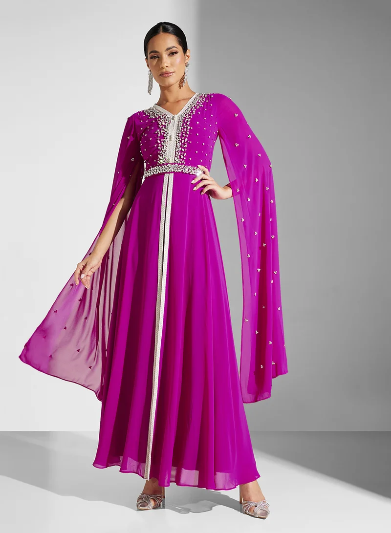 Akadia Fashion EMBELLISHED FLUTE SLEEVE CHIFFON KAFTAN