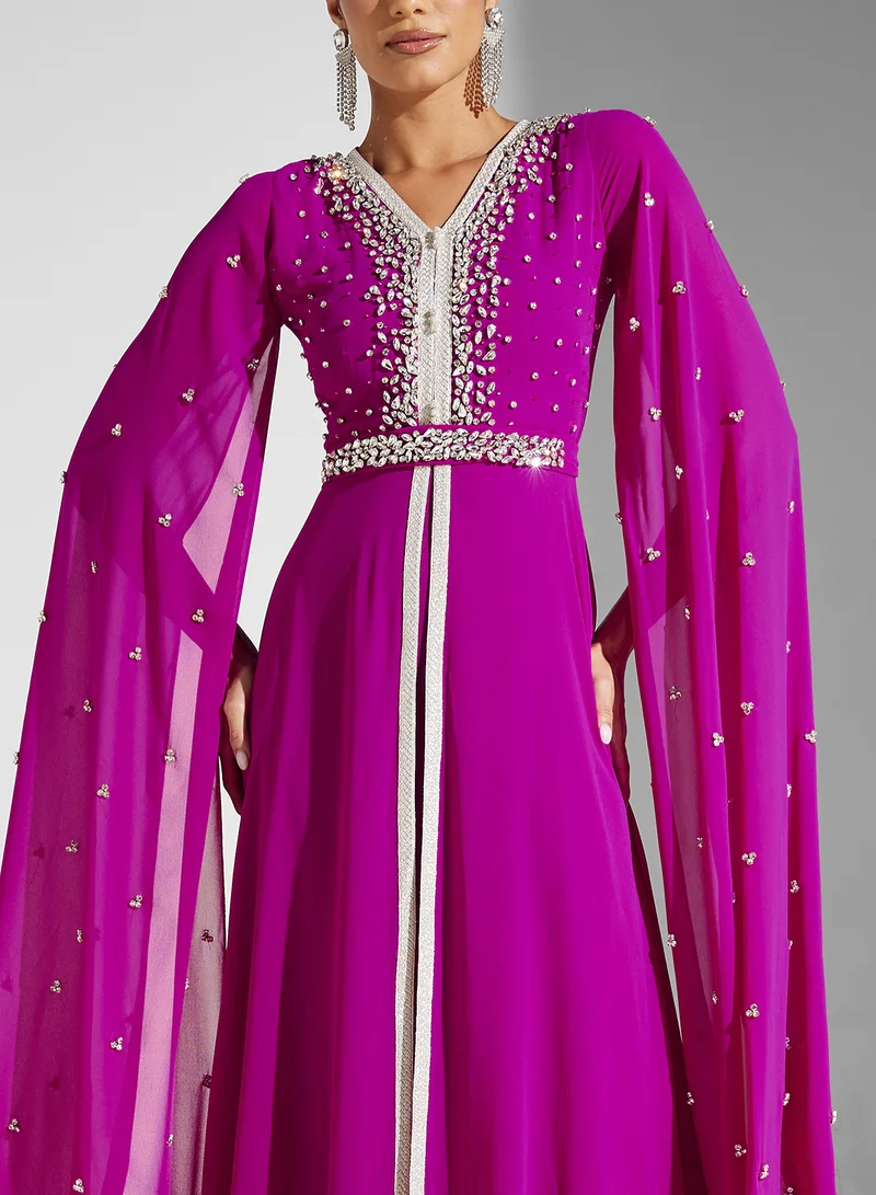 Akadia Fashion EMBELLISHED FLUTE SLEEVE CHIFFON KAFTAN