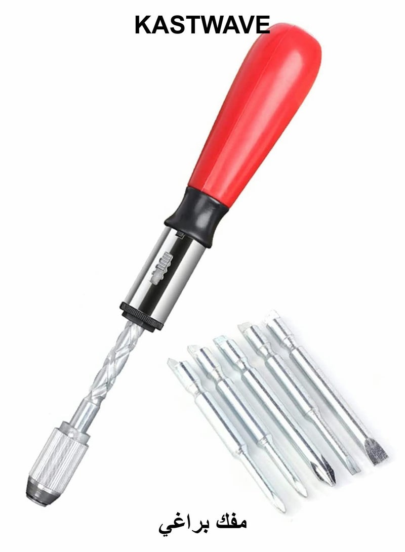 KASTWAVE Spiral Screw Driver, 260MM Hand Pressing Ratchet Screwdriver with 5 Pcs Screwdriver Bits Set, Push Pull Ratchet Screwdriver - Image 1