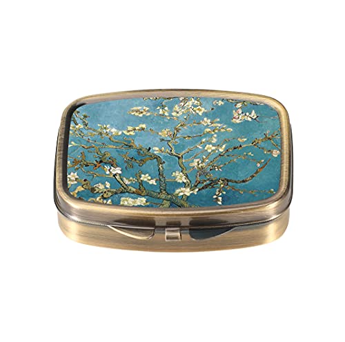 Dynippy Pill Case Pill Box with Mirror Retro Pocket 2 Compartment Medicine Case Vitamin Pill Organizer for Pocket Purse and Travel (A-Plum Blossom) - Image 1