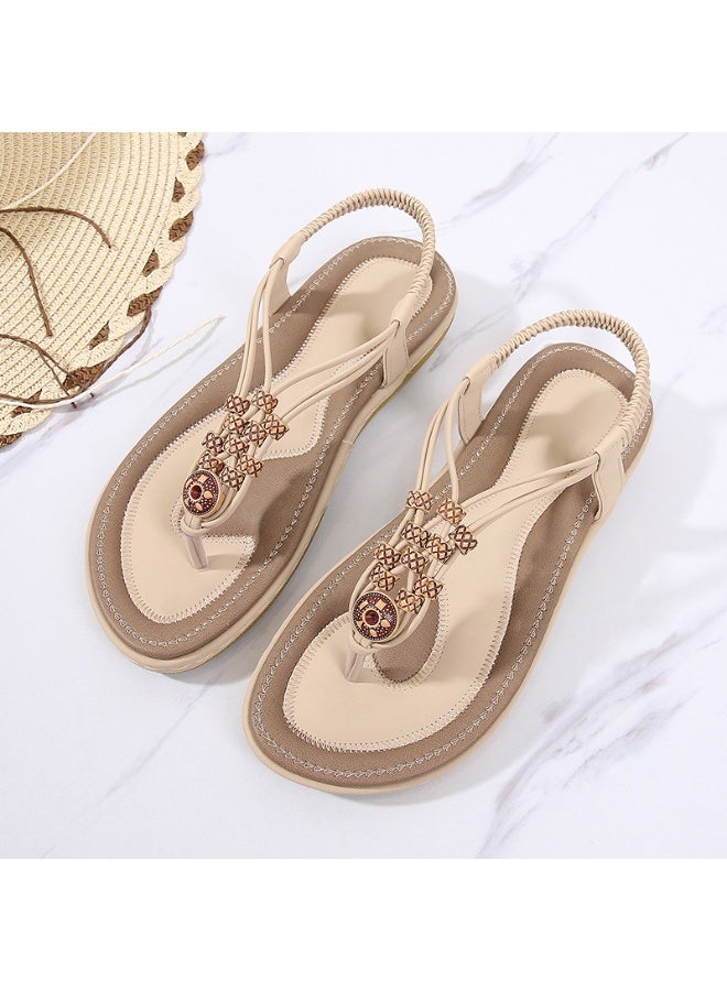 NIBEMINENT Summer Sandals Women's Fashion Bohemian Wooden Wood Beaded Flats Flat Casual Shoes Breathable Beach Comfortable  - Image 1