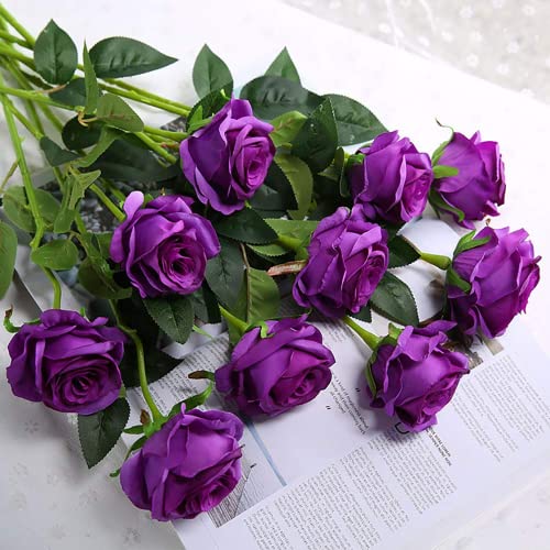 Laelfe 12 pcs Artificial Roses Flowers Long Stem Fake Silk Rose for Home Wendding Decorations (Purple) - Image 5