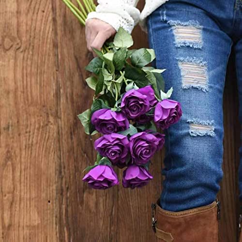 Laelfe 12 pcs Artificial Roses Flowers Long Stem Fake Silk Rose for Home Wendding Decorations (Purple) - Image 3