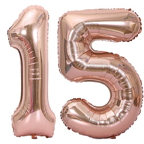 Tellpet Number 15 Balloons 15th Birthday Party Decorations Supplies Sign for Girls Rose Gold 40 Inch - Image 1