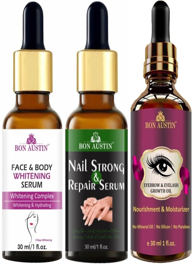 Bon Austin Face and Body Whitening Serum, Nail Strong and Repair Serum & Eyebrow and Eyelash Growth Oil (Helps to Growth Eyebrows & Eyelashes) - Each, 30ml - Combo of 3 Items - Image 1