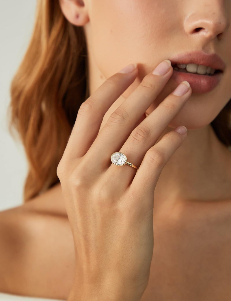 EAMTI 3CT Engagement Rings for Women Oval Cut CZ Solitaire Promise Wedding Bands Travel Bezel East West Ring 14K Gold Plated Size 6 - Image 4