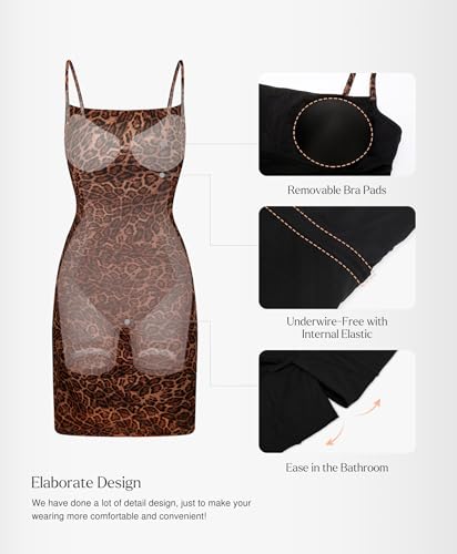 Popilush Leopard Print Dress Spaghetti Strap Mesh Ruched Mini Dresses with Built in Shapewear Going Out Outfits - Image 4