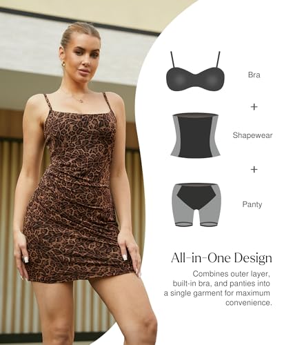Popilush Leopard Print Dress Spaghetti Strap Mesh Ruched Mini Dresses with Built in Shapewear Going Out Outfits - Image 3