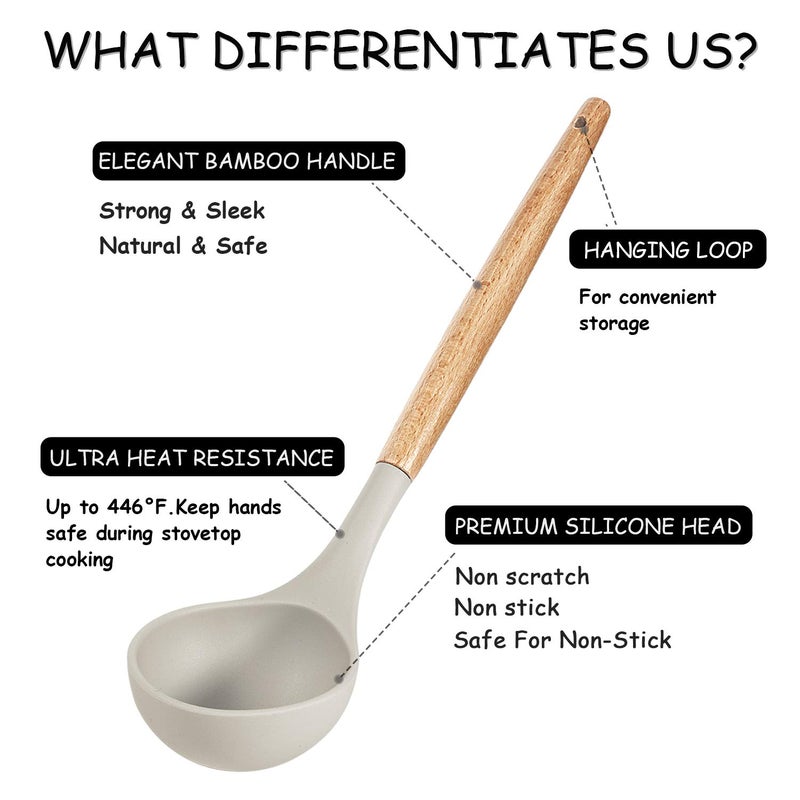 MIBOTE Silicone Cooking Kitchen Utensils Set with Holder, Wooden Handles BPA Free Non Toxic Silicone Turner Tongs Spatula Spoon Kitchen Gadgets Utensil Set for Nonstick Cookware (Khaki) - Image 5