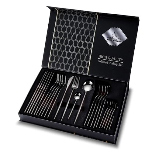 Iktu 24-Piece Stainless Steel Cutlery Set, Mirror Polished Tableware, Dishwasher Safe, Suitable for Housewarming Gift, Dining Table Decor (Black) - Image 1