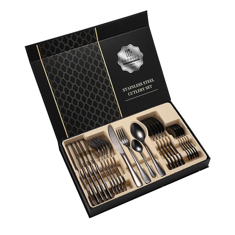 Iktu 24-Piece Stainless Steel Cutlery Set, Mirror Polished Tableware, Dishwasher Safe, Suitable for Housewarming Gift, Dining Table Decor (Black) - Image 4